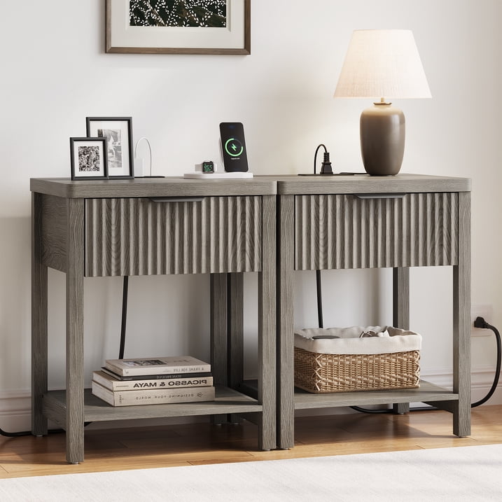 Aufeile 3 Piece Dresser and Nightstand Set for Bedroom, Boho 6 Drawer Dresser & 2 Nightstands with USB Charging, Fluted Wood Storage Cabine, Modern Bedroom Furniture Set, Dark Grey Oak