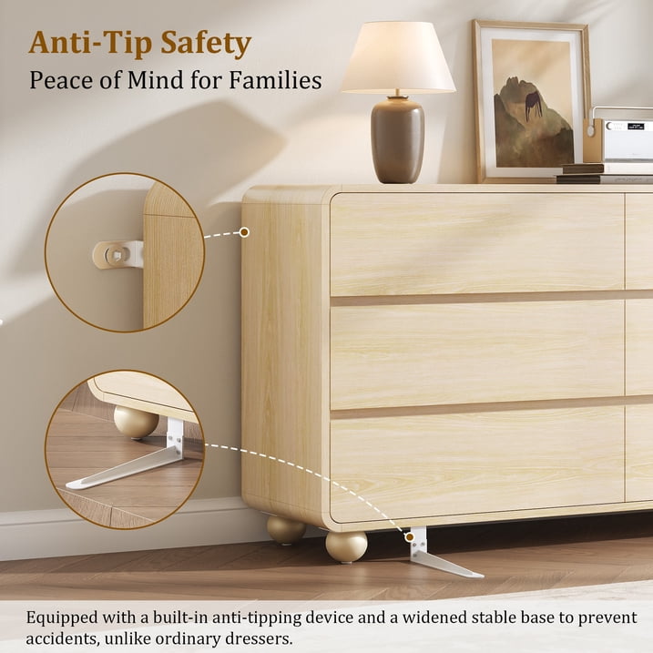 Aufeile Dresser for Bedroom, 6 Drawer Dresser & Chest of Drawers, 53" Modern Chest of Drawers with Curved Profile Design, Wood Dresser Storage Organizer for Adults, Natural Oak