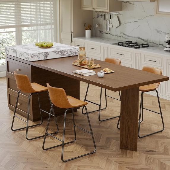 Aufeile 26" Counter Height Bar Stools Set of 2 – Modern Faux Leather Barstools with Back & Metal Legs, Kitchen Bar Chairs for Island, Dining Room, Whiskey Brown