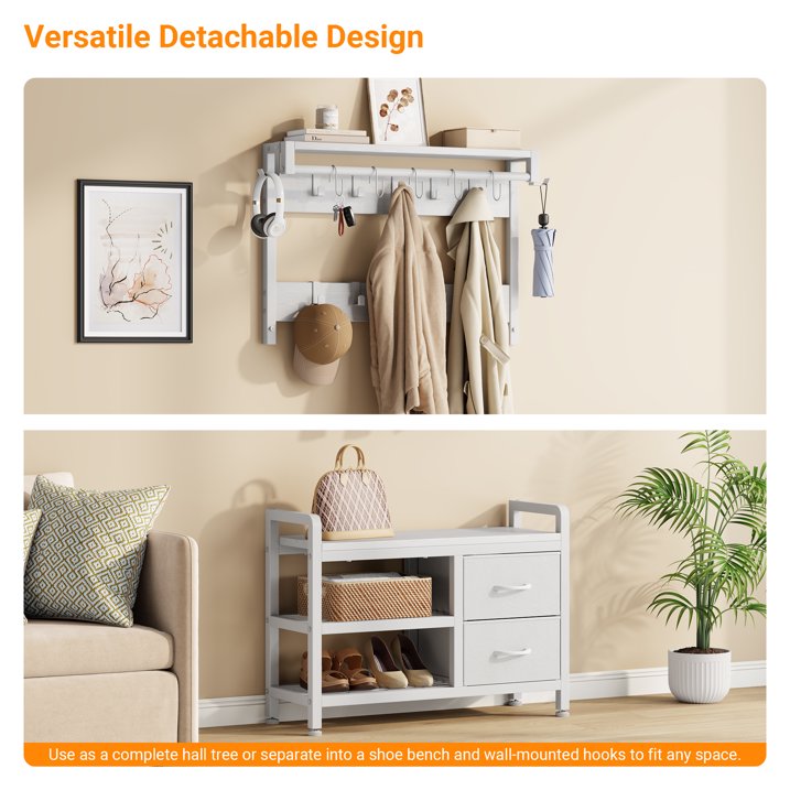 Aufeile Hall Tree with Bench, 6-in-1 Entryway Storage Organizer with Shoe Rack, 17 Hooks, 2 Drawers, Hanging Rod & Top Shelf, Industrial Coat Rack for Hallway, Living Room, White