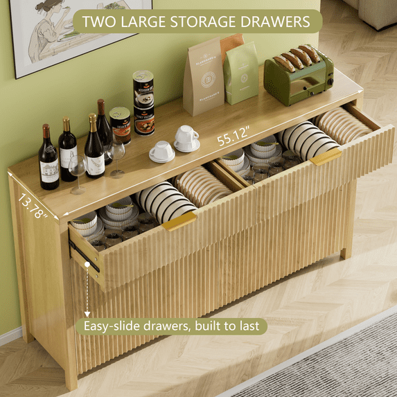 Aufeile Fluted Buffet Cabinet with 2 Drawers, 55L Large Sideboard Credenza with Adjustable Shelf for Dining Room Storage Cabinet, Kitchen Pantry Organizer, Coffee Bar Station, Natural Oak