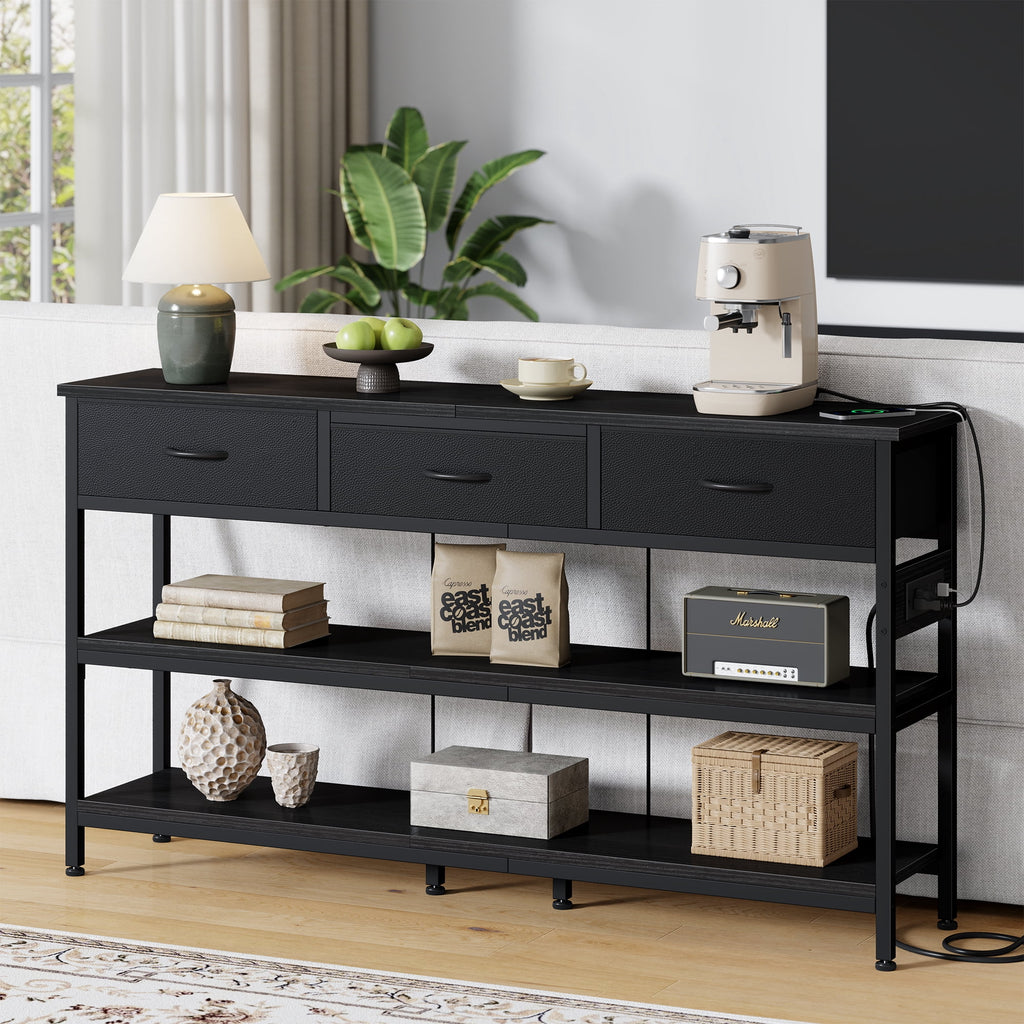 Aufeile 55" Console Table for Entryway, Fabric Sofa Table with 3 Drawers, Outlet and Open Shelves, Entryway Table for Couch, Hallway, Foyer, Living Room, Black