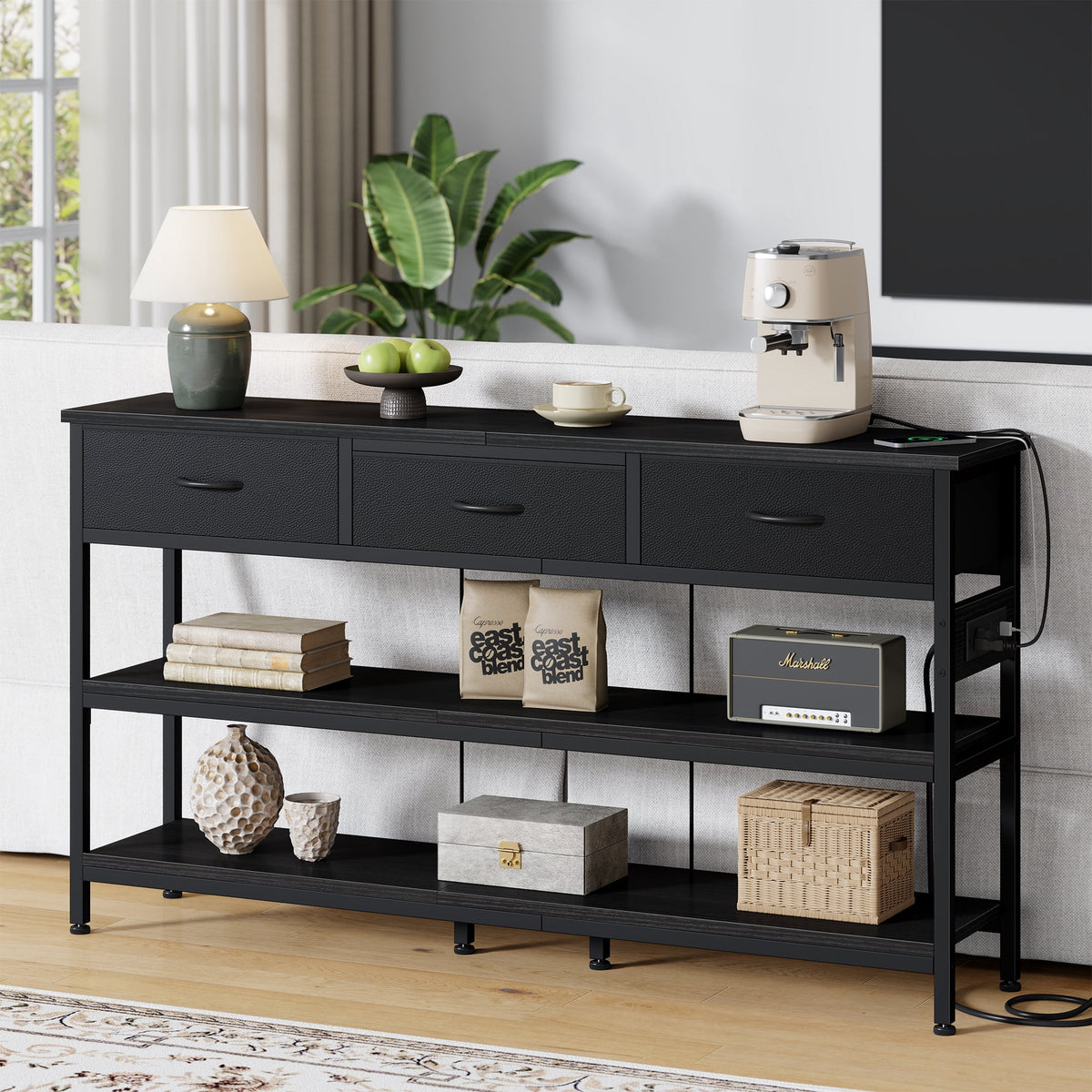Aufeile 55" Console Table for Entryway, Fabric Sofa Table with 3 Drawers, Outlet and Open Shelves, Entryway Table for Couch, Hallway, Foyer, Living Room, Black
