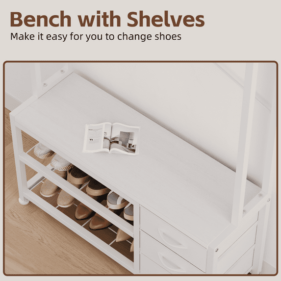 Aufeile Hall Tree with Bench, 5-in-1 Entryway Storage Organizer with Shoe Rack, 7 Hooks, 3 Drawers & Top Shelf, Industrial Coat Rack for Hallway, Living Room, White