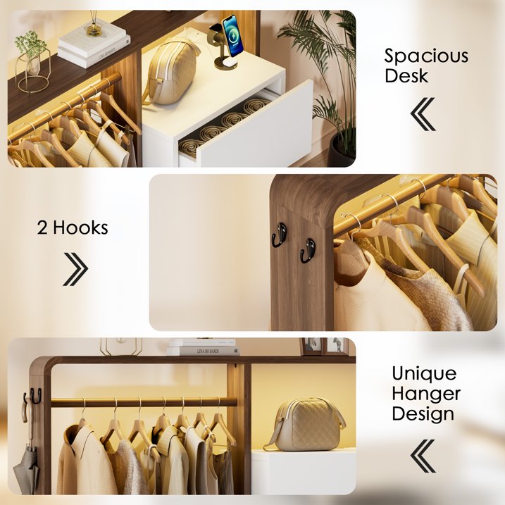 Aufeile Dresser for Bedroom, 3 Drawer Dresser with Hanging Rod, LED Lights & Charging Station, Modern Wood Storage Dresser Chest for Bedroom, Closet, Entryway, White