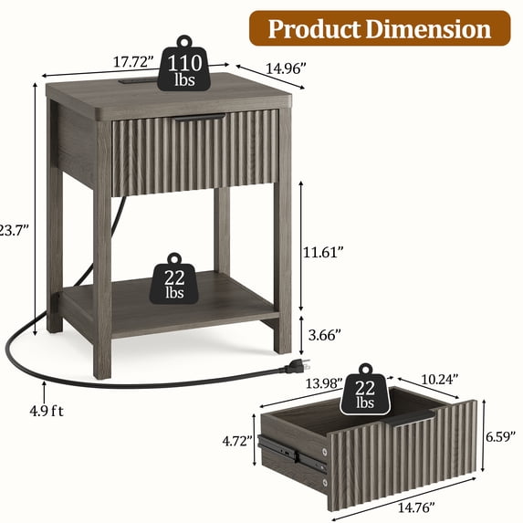 Aufeile Fluted Nightstand with Charging Station, Modern Bedside Table with Drawer & Open Shelf, End Table with 2 AC Outlets, USB & Type-C Ports for Bedroom or Living Room, Dark Grey Oak