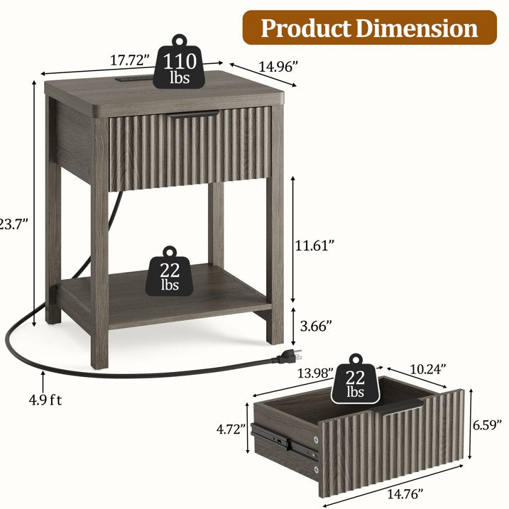 Aufeile Modern Fluted Bedside Table with Charging Station, Wood Nightstand with Drawer & Open Shelf, End Table with AC Outlets, USB & Type-C for Bedroom or Living Room, Dark Grey Oak