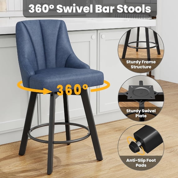 Aufeile Modern Swivel Bar Stools, 24" Counter Height Kitchen Island Chairs with Back, PU Leather Upholstered Barstools, Blue Set of 3