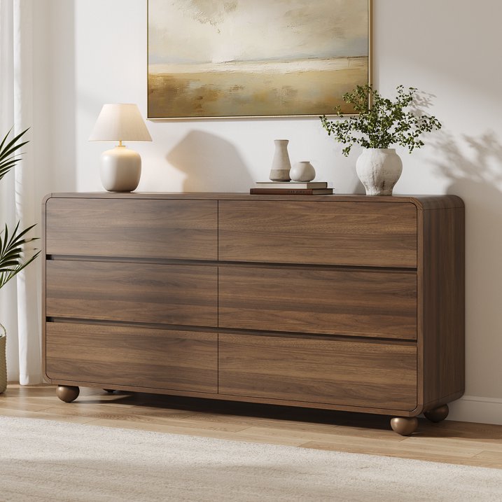 Aufeile 4 Piece Curved Dresser and Nightstand Set for Bedroom, 6 Drawer Dresser, Tall 5 Drawer Chest & 2 Nightstands with Charging Station, Modern Curved Profile Bedroom Furniture Set, Walnut