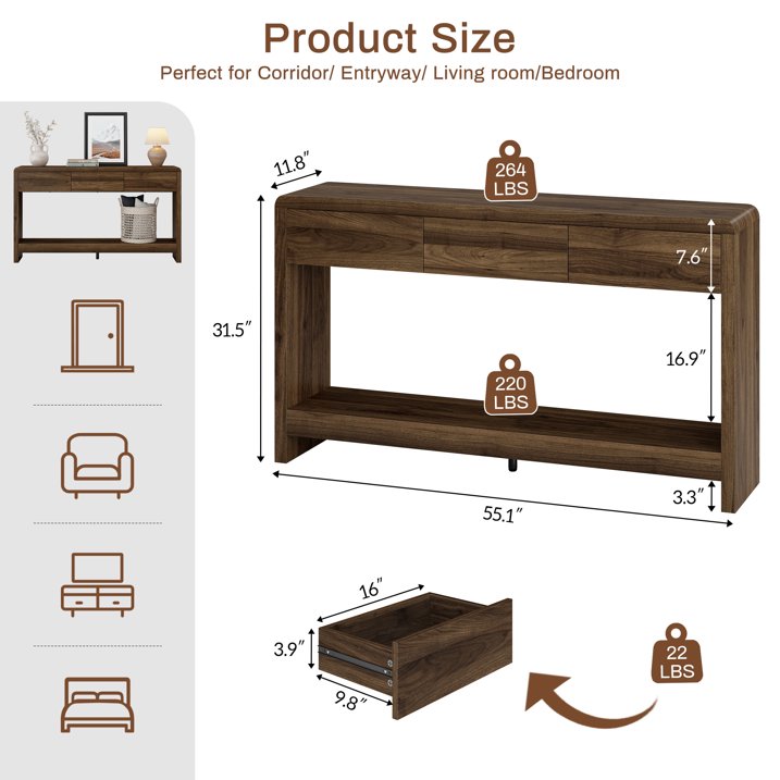 Aufeile Farmhouse Entryway Table, 55" Console Tables for Entryway with 3 Drawers and Open Shelf, Sofa Table Behind Couch, Wooden Entry Table for Entrance, Living Room, Hallway, Walnut