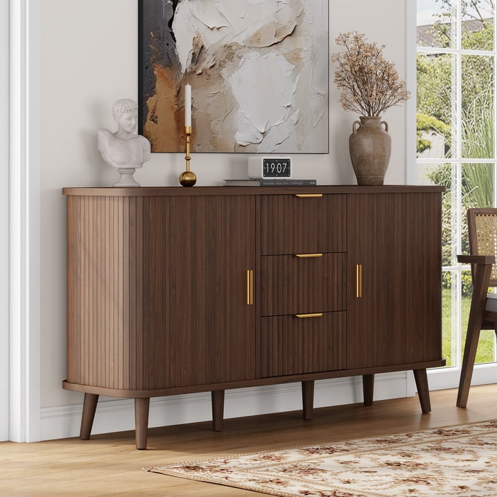 Aufeile Sideboard Buffet Cabinet, 55" Storage Cabinet with 3 Drawers and Adjustable Shelves, Modern Accent Cabinet for Kitchen, Dining Living Room, Entryway, Hallway, Walnut