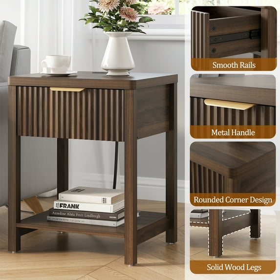 Aufeile Fluted Nightstand with Charging Station, Bedside Table with Drawer & Open Shelf, Small Wood Nightstand with 2 AC Outlets USB & Type-C, Bedroom Side Table, Walnut