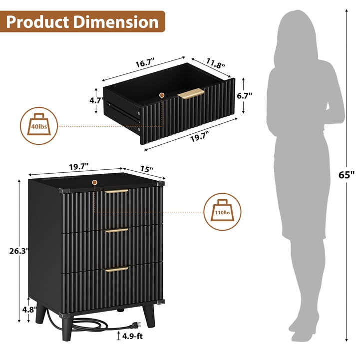 Aufeile 3 Piece Dresser and Nightstand Set for Bedroom, Boho 6 Drawer Dresser & Nightstands Set of 2 with 3 Drawers & USB Charging, Fluted Wood Storage Cabine, Modern Bedroom Furniture Set, Black