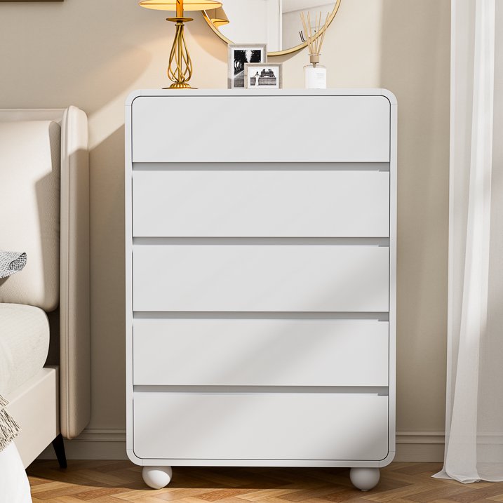 Aufeile 41" Tall Dresser for Bedroom, 5 Drawer Modern Wood Dresser with Curved Profile, Chest of Drawers for Bedroom, Vertical Storage Cabinet for Living Room, Entryway, White