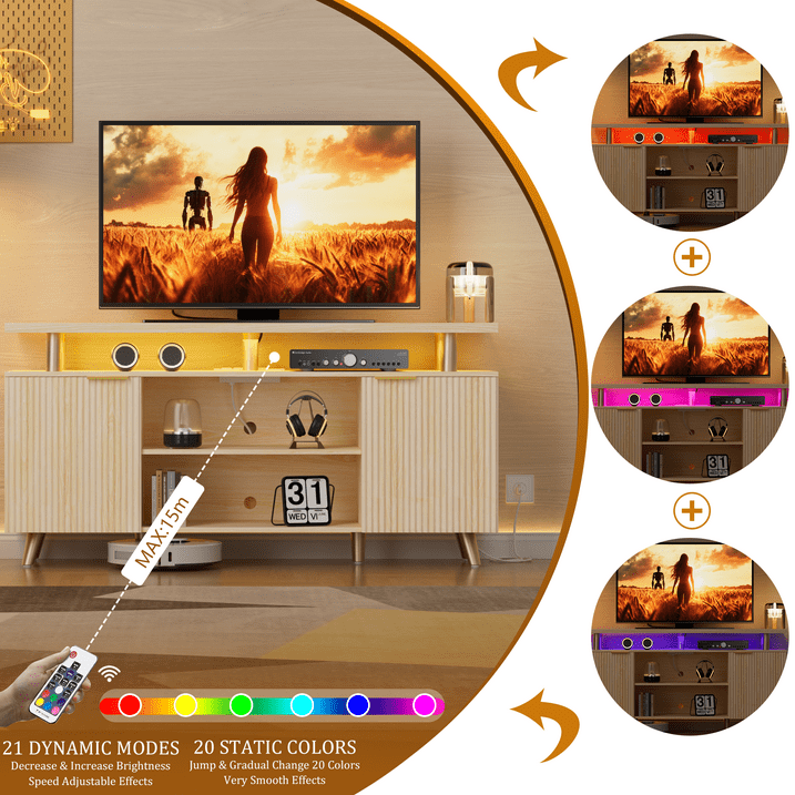 Aufeile Fluted TV Stand for TVs up to 65 Inch with Charging Station & LED Lights, 59" Modern Entertainment Center with Storage Cabinets, Wood TV Console for Living Room