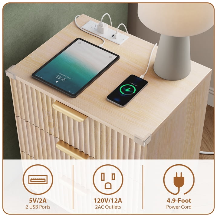 Aufeile 3 Piece Dresser and Nightstand Set for Bedroom, Boho 6 Drawer Dresser & Nightstands Set of 2 with 3 Drawers & USB Charging, Fluted Wood Storage Cabine, Modern Bedroom Furniture Set, Natural