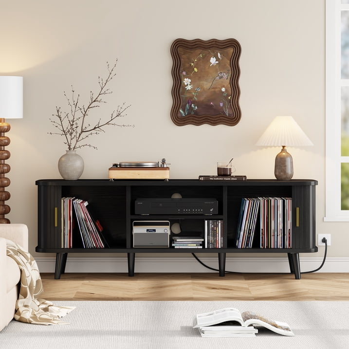 Aufeile TV Stand for 65 Inch TV, 59" Modern TV Stand with Power Outlet, Entertainment Center for Living Room, Fluted TV Console & Mueble Para TV with 2 Sliding Tambour Doors, Black