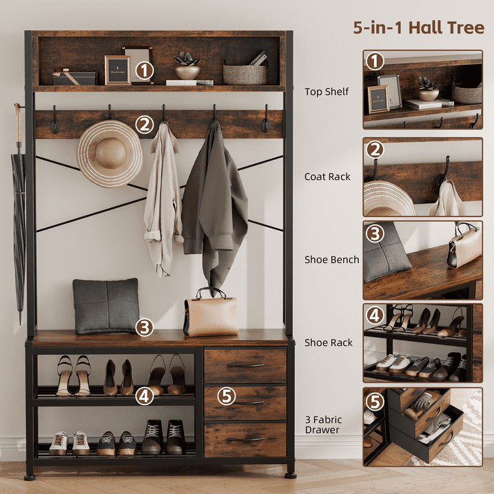 Aufeile Hall Tree with Bench, 5-in-1 Entryway Storage Organizer with Shoe Rack, 7 Hooks, 3 Drawers & Top Shelf, Industrial Coat Rack for Hallway, Living Room, Brown