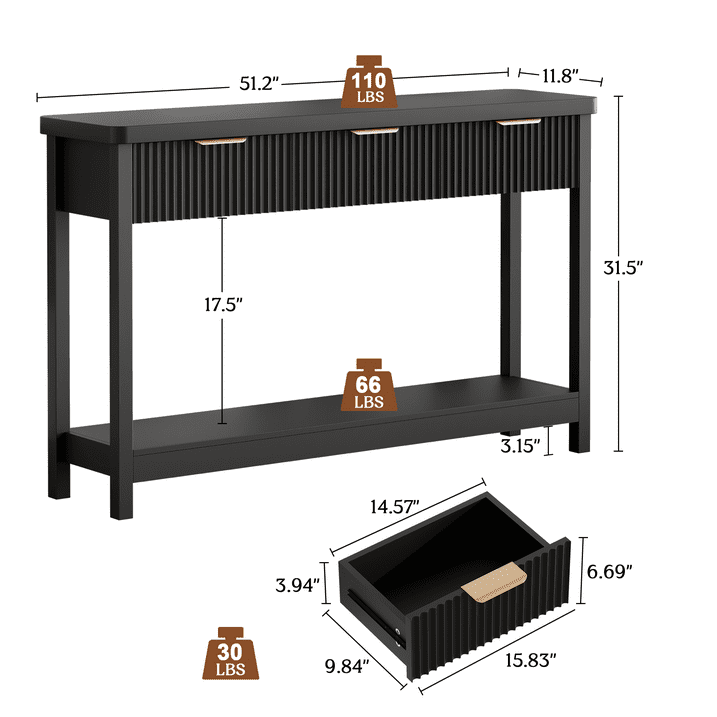 Aufeile 51" Console Table, Fluted Entryway Table with 3 Storage Drawers and Open Shelf, Narrow Sofa Table for Living Room, Hallway, Behind Couch, Black