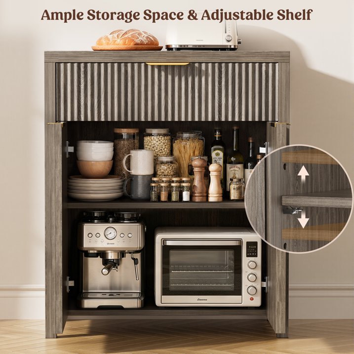 Aufeile 85" W Sideboard Buffet Cabinet with Storage Drawers, Set of 3 Fluted Accent Cabinet with Adjustable Shelves, Modular Storage Cabinet for Dining Room, Kitchen, Living Room, Gray Oak