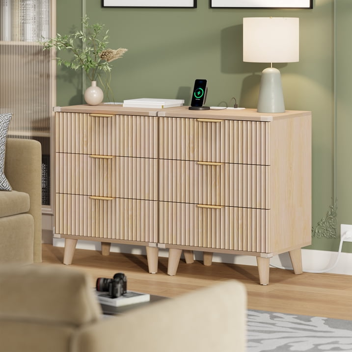 Aufeile 3 Piece Dresser and Nightstand Set for Bedroom, Boho 6 Drawer Dresser & Nightstands Set of 2 with 3 Drawers & USB Charging, Fluted Wood Storage Cabine, Modern Bedroom Furniture Set, Natural