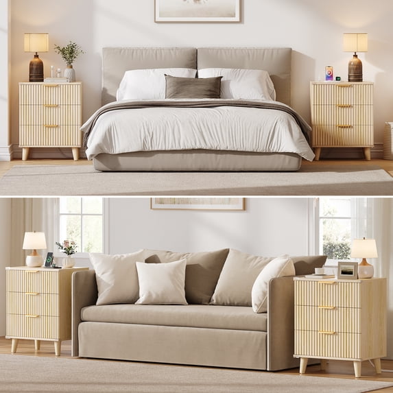 Aufeile Nightstand Set of 2 for Bedroom, Modern Fluted Nightstands with Charging Station, 3 Drawer Wood Bedside Table & End Tables for Bedroom, Living Room, Natural