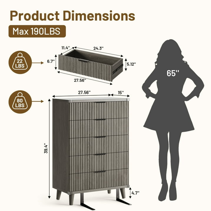 Aufeile 5 Drawer Tall Dresser for Bedroom, Fluted Chest of Drawers with Wave Panel Design & Metal Handles, Slim Wood Storage Dresser for Closet for Apartment & Small Spaces, Dark Grey Oak