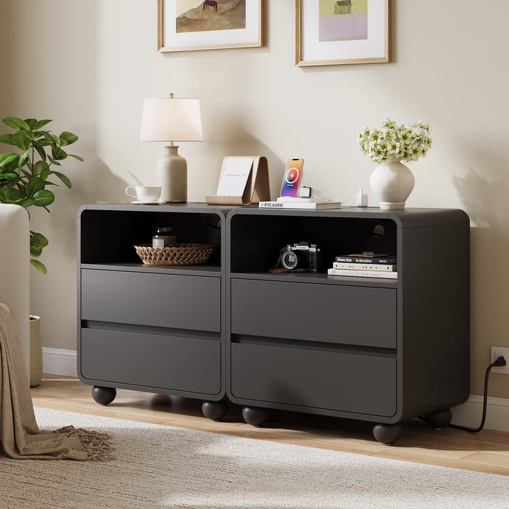 Aufeile Modern Curved Nightstand with Charging Station, 23.6" Wide Bedside Table with 2 Drawers & Open Shelf, Wooden Night Stand with USB & Type-C Ports for Bedroom or Living Room, Black