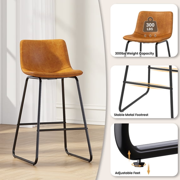 Aufeile 26" Counter Height Bar Stools Set of 2 – Modern Faux Leather Barstools with Back & Metal Legs, Kitchen Bar Chairs for Island, Dining Room, Whiskey Brown