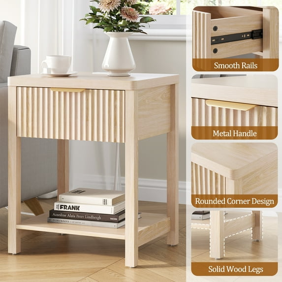 Aufeile Fluted Nightstand with Charging Station, Bedside Table with Drawer & Open Shelf, Small Wood Nightstand with 2 AC Outlets USB & Type-C, Bedroom Side Table, Natural
