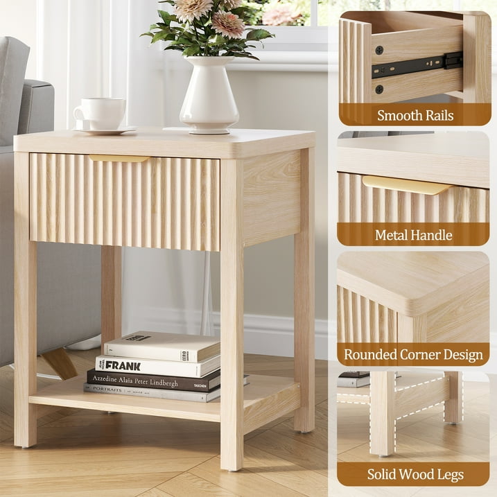 Aufeile Nightstand for Bedroom Set of 2 with Charging Station, Modern Side Table with Drawer & Open Shelf, Fluted End Table with 2 AC Outlets, USB & Type-C, Natural