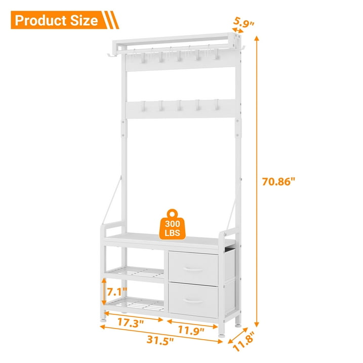 Aufeile Hall Tree with Bench, 6-in-1 Entryway Storage Organizer with Shoe Rack, 17 Hooks, 2 Drawers, Hanging Rod & Top Shelf, Industrial Coat Rack for Hallway, Living Room, White