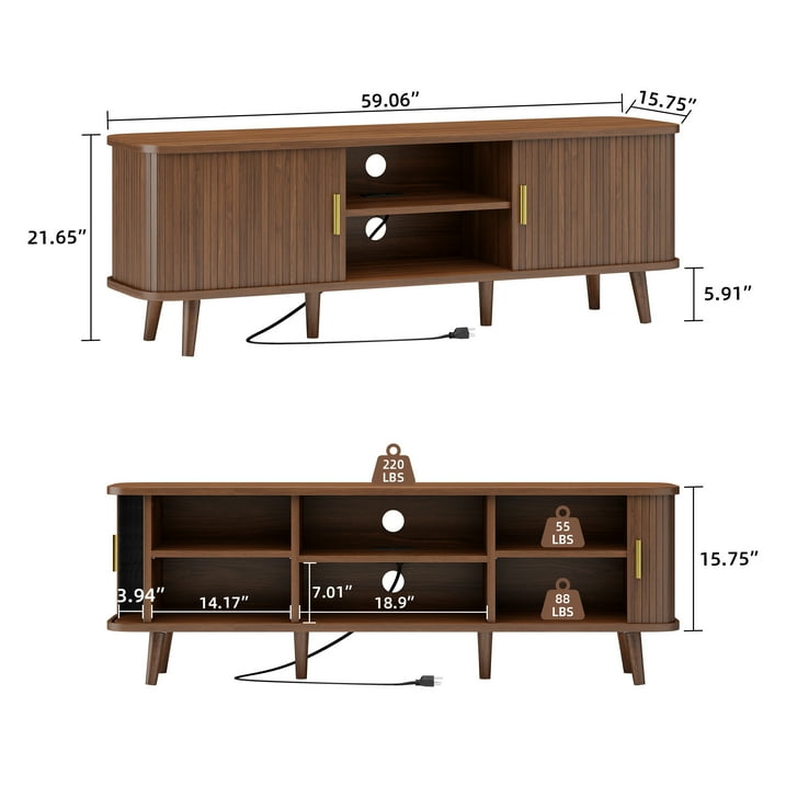 Aufeile TV Stand for 65 Inch TV, 59" Modern TV Stand with Power Outlet, Entertainment Center for Living Room, Fluted TV Console & Mueble Para TV with 2 Sliding Tambour Doors, Walnut