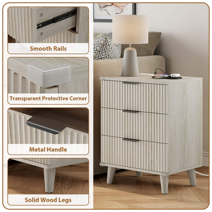 Aufeile 3 Piece Dresser and Nightstand Set for Bedroom, Boho 6 Drawer Dresser & Nightstands Set of 2 with 3 Drawers & USB Charging, Fluted Wood Storage Cabine, Modern Bedroom Furniture Set, White Oak