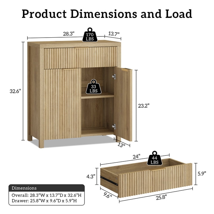 Aufeile Fluted Sideboard and Buffet, Accent Storage Cabinet with Adjustable Shelf for Dining room, Kitchen, Living room, Natural Oak