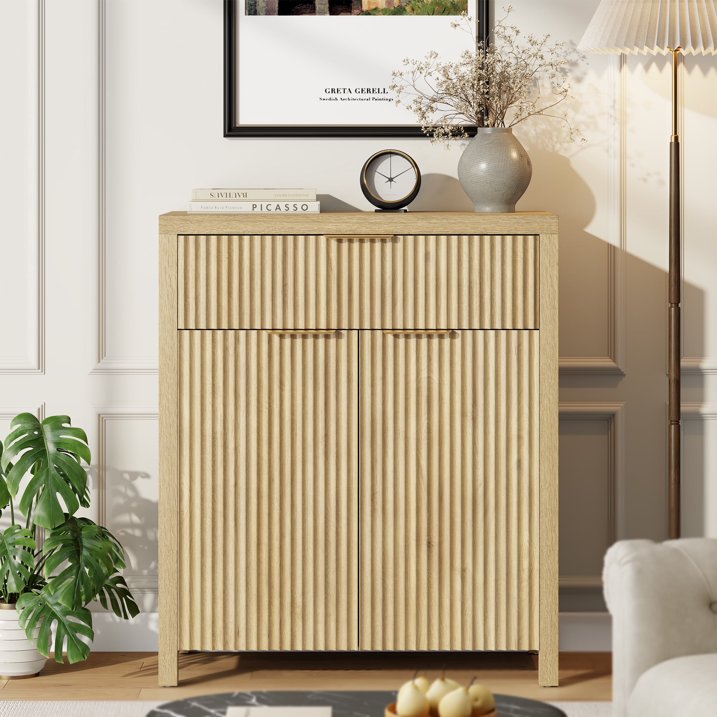 Aufeile Fluted Sideboard and Buffet, Accent Storage Cabinet with Adjustable Shelf for Dining room, Kitchen, Living room, Natural Oak