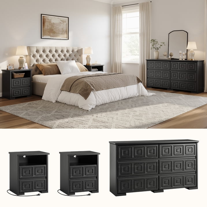 Aufeile Dresser and Nightstand 3 Piece Set - Includes Double 6 Drawer Farmhouse Dresser, Nightstand Set of 2 with Charging Station, Vintage Bedroom Set, Black