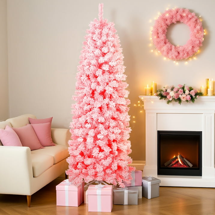 Aufelie 6FT Snow Flocked Pencil Christmas Tree, Artificial Pink Christmas Tree with 502 Hinged Branch Pre-lit Christmas Tree with 200 Warm White LED Lights, Xmas Tree with Metal Stand