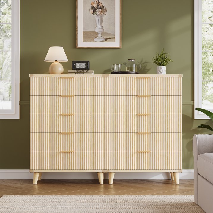 Aufeile 39.4" Tall Dresser for Bedroom, Fluted Wood Dresser with 5 Drawer, Modern Chest of Drawers for Bedroom with Wave Panel, Slim Storage Dresser for Small Spaces, Natural