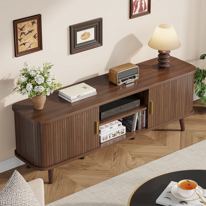 Aufeile TV Stand for 65 Inch TV, 59" Modern TV Stand with Power Outlet, Entertainment Center for Living Room, Fluted TV Console & Mueble Para TV with 2 Sliding Tambour Doors, Walnut