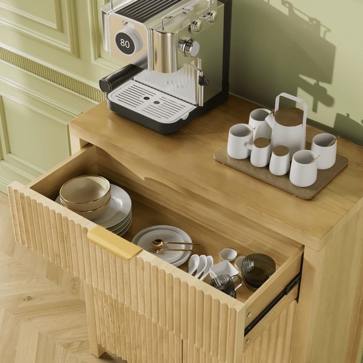 Aufeile 85" W Sideboard Buffet Cabinet with Storage Drawers, Set of 3 Fluted Accent Cabinet with Adjustable Shelves, Modular Storage Cabinet for Dining Room, Kitchen, Living Room, Natural Oak