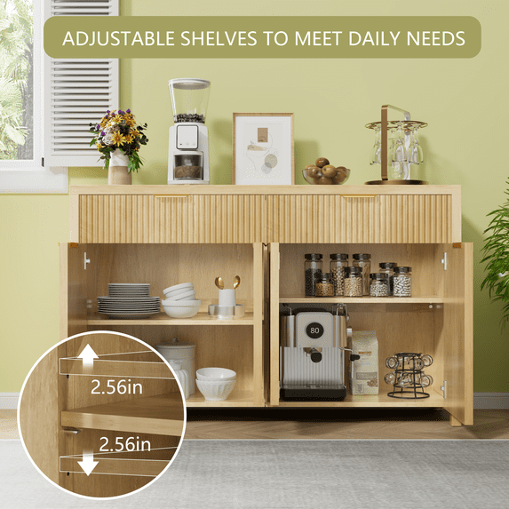 Aufeile Fluted Buffet Cabinet with 2 Drawers, 55L Large Sideboard Credenza with Adjustable Shelf for Dining Room Storage Cabinet, Kitchen Pantry Organizer, Coffee Bar Station, Natural Oak