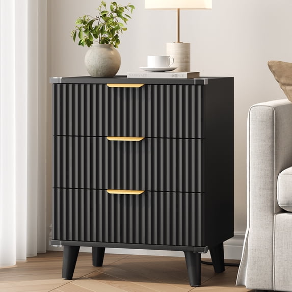 Aufeile 3 Drawer Nightstand with Charging Station, Modern Wood Night Stand for Bedroom, Bedside Table with Wave Panel, Wood Sofa Side End Table for Bedroom, Living Room, Black