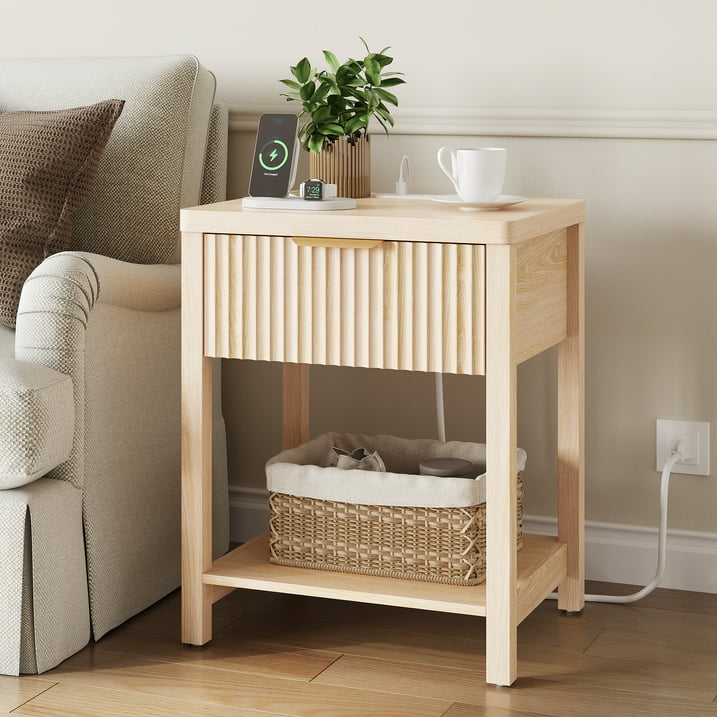 Aufeile Nightstand for Bedroom Set of 2 with Charging Station, Modern Side Table with Drawer & Open Shelf, Fluted End Table with 2 AC Outlets, USB & Type-C, Natural