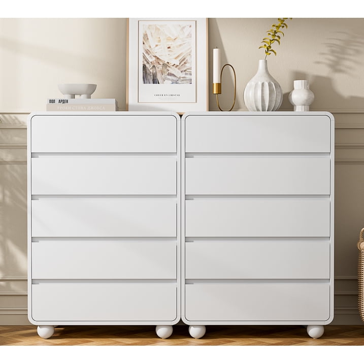 Aufeile 41" Tall Dresser for Bedroom, 5 Drawer Modern Wood Dresser with Curved Profile, Chest of Drawers for Bedroom, Vertical Storage Cabinet for Living Room, Entryway, White