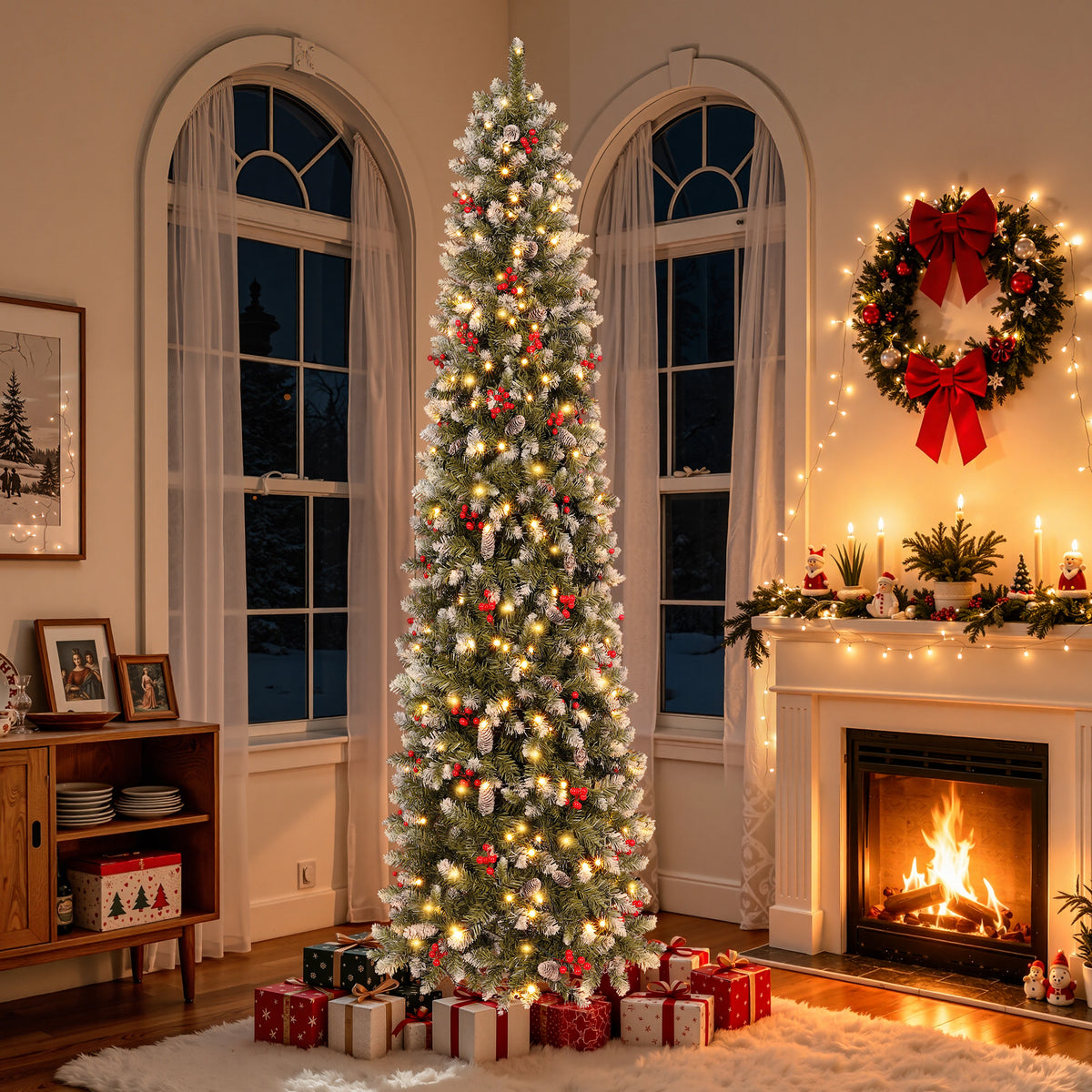 Aufelie 9ft Pre-Lit Pencil Christmas Tree, Slim Tall Xmas Tree, 400 LED Lights, 1074 Hinged Tips, Pine Cones, Berries, Metal Stand