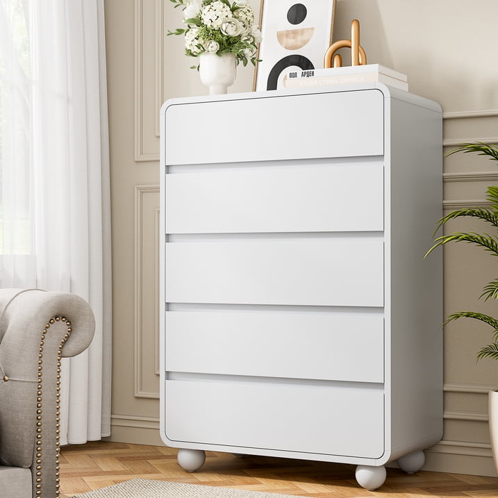 Aufeile 41" Tall Dresser for Bedroom, 5 Drawer Modern Wood Dresser with Curved Profile, Chest of Drawers for Bedroom, Vertical Storage Cabinet for Living Room, Entryway, White