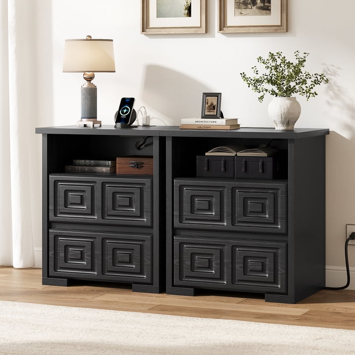 Aufeile Dresser and Nightstand 3 Piece Set - Includes Double 6 Drawer Farmhouse Dresser, Nightstand Set of 2 with Charging Station, Vintage Bedroom Set, Black