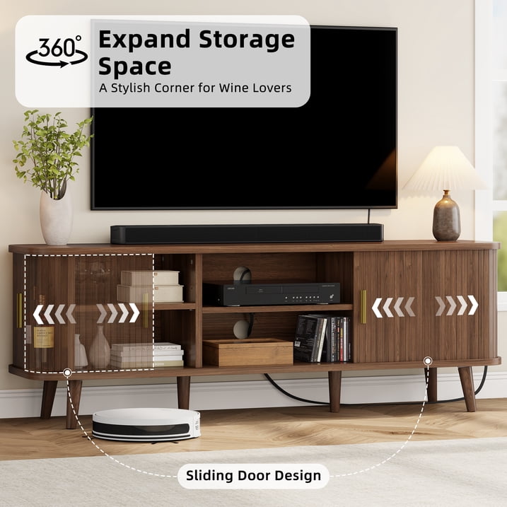 Aufeile TV Stand for 65 Inch TV, 59" Modern TV Stand with Power Outlet, Entertainment Center for Living Room, Fluted TV Console & Mueble Para TV with 2 Sliding Tambour Doors, Walnut