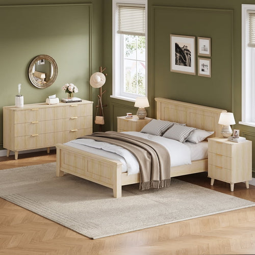 Aufeile 3 Piece Dresser and Nightstand Set for Bedroom, Boho 6 Drawer Dresser & Nightstands Set of 2 with 3 Drawers & USB Charging, Fluted Wood Storage Cabine, Modern Bedroom Furniture Set, Natural